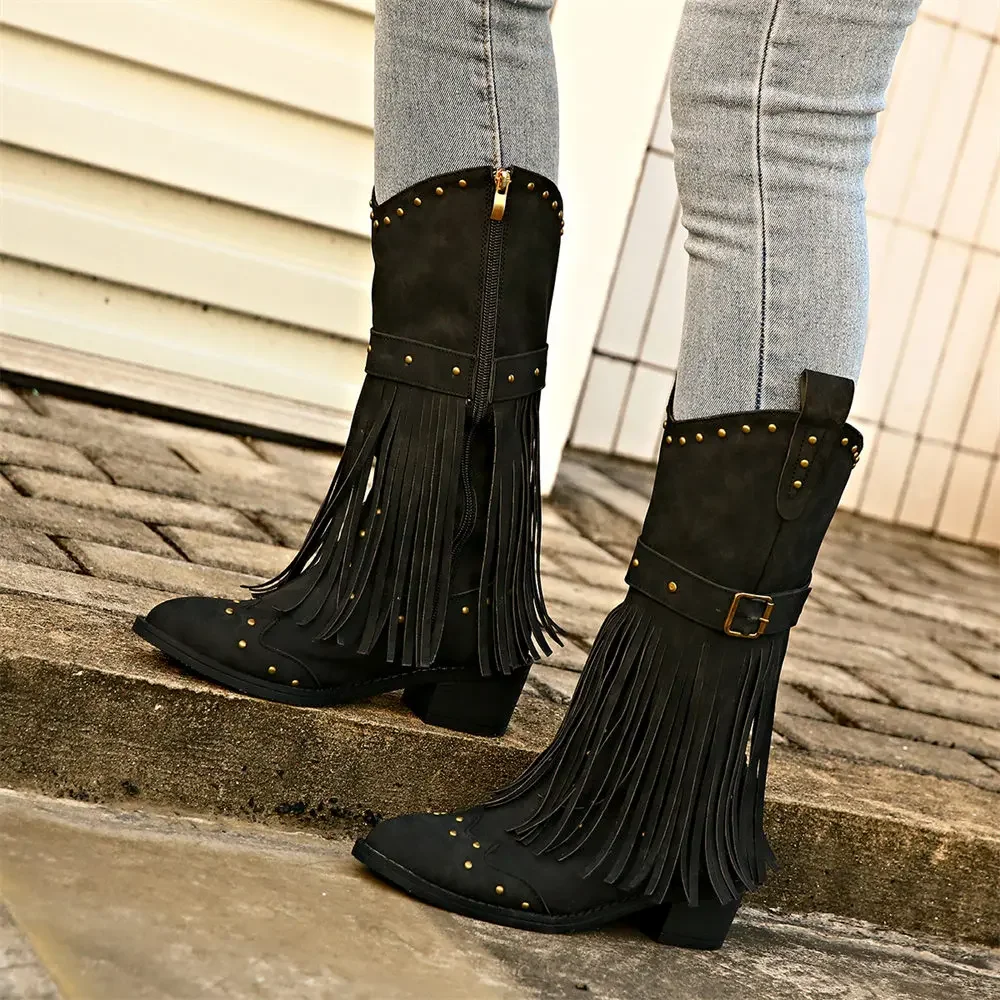 Brand Winter Vintage Western Boots with Fringes Retro Comfy Walking Plus Size 43 Zip-up Mid-calf Tassel Cowboy Boots Women Shoes Brand Winter Vintage Western Boots with Fringes Retro Comfy Walking Plus Size 43 Zip-up Mid-calf Tassel Cowboy Boots Women Shoes