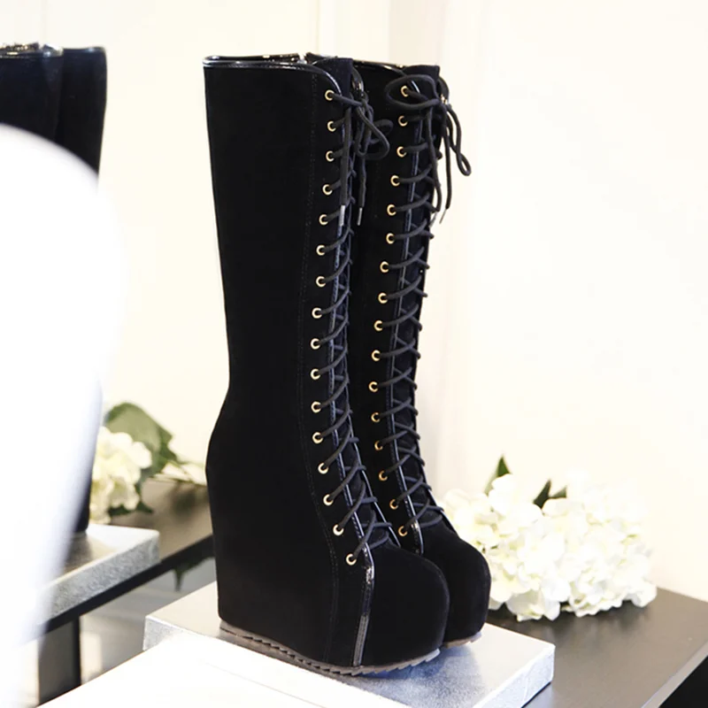 Fashion Knee High Boots Women Platform Sexy Wedge Heels Women's High Boots Lace-up Round Toe Black Dance Shoes For Girls