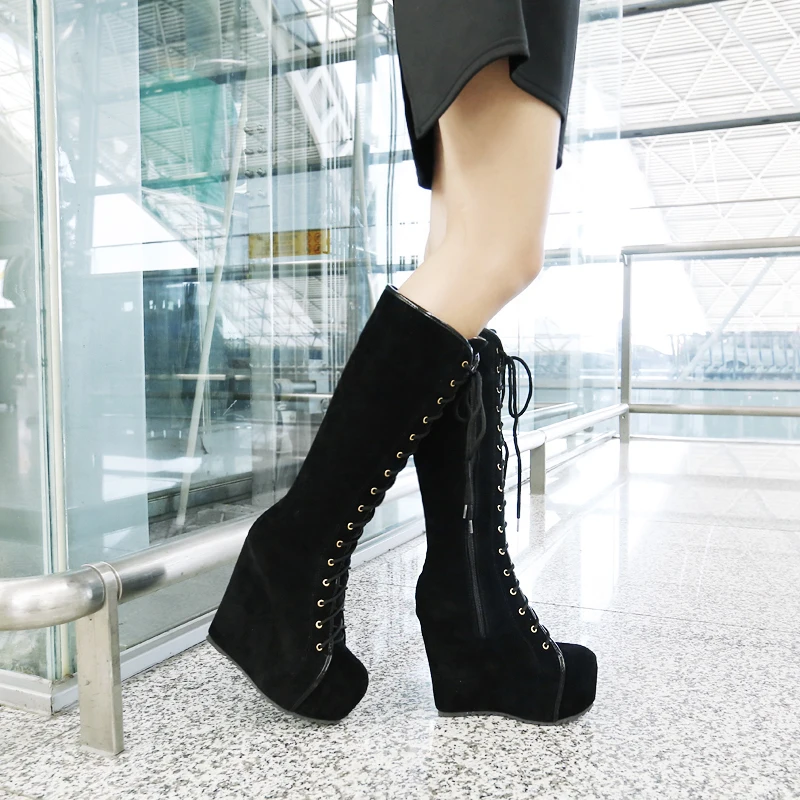Fashion Knee High Boots Women Platform Sexy Wedge Heels Women's High Boots Lace-up Round Toe Black Dance Shoes For Girls