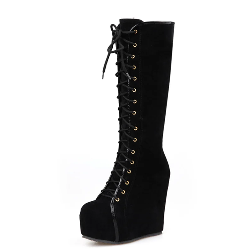 Fashion Knee High Boots Women Platform Sexy Wedge Heels Women's High Boots Lace-up Round Toe Black Dance Shoes For Girls