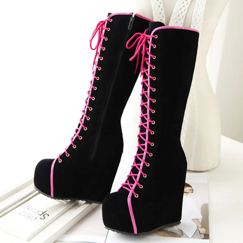 Fashion Knee High Boots Women Platform Sexy Wedge Heels Women’s High Boots Lace-up Round Toe Black Dance Shoes For Girls Fashion Knee High Boots Women Platform Sexy Wedge Heels Women's High Boots Lace-up Round Toe Black Dance Shoes For Girls