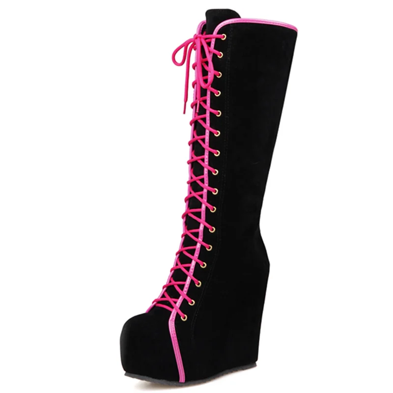 Fashion Knee High Boots Women Platform Sexy Wedge Heels Women’s High Boots Lace-up Round Toe Black Dance Shoes For Girls Fashion Knee High Boots Women Platform Sexy Wedge Heels Women's High Boots Lace-up Round Toe Black Dance Shoes For Girls