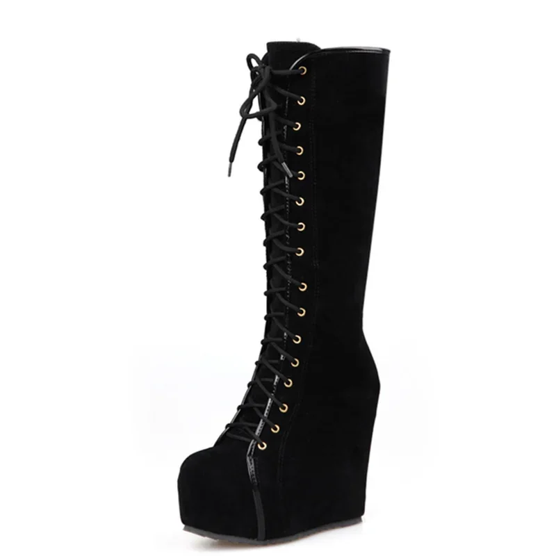 Fashion Knee High Boots Women Platform Sexy Wedge Heels Women’s High Boots Lace-up Round Toe Black Dance Shoes For Girls Fashion Knee High Boots Women Platform Sexy Wedge Heels Women's High Boots Lace-up Round Toe Black Dance Shoes For Girls