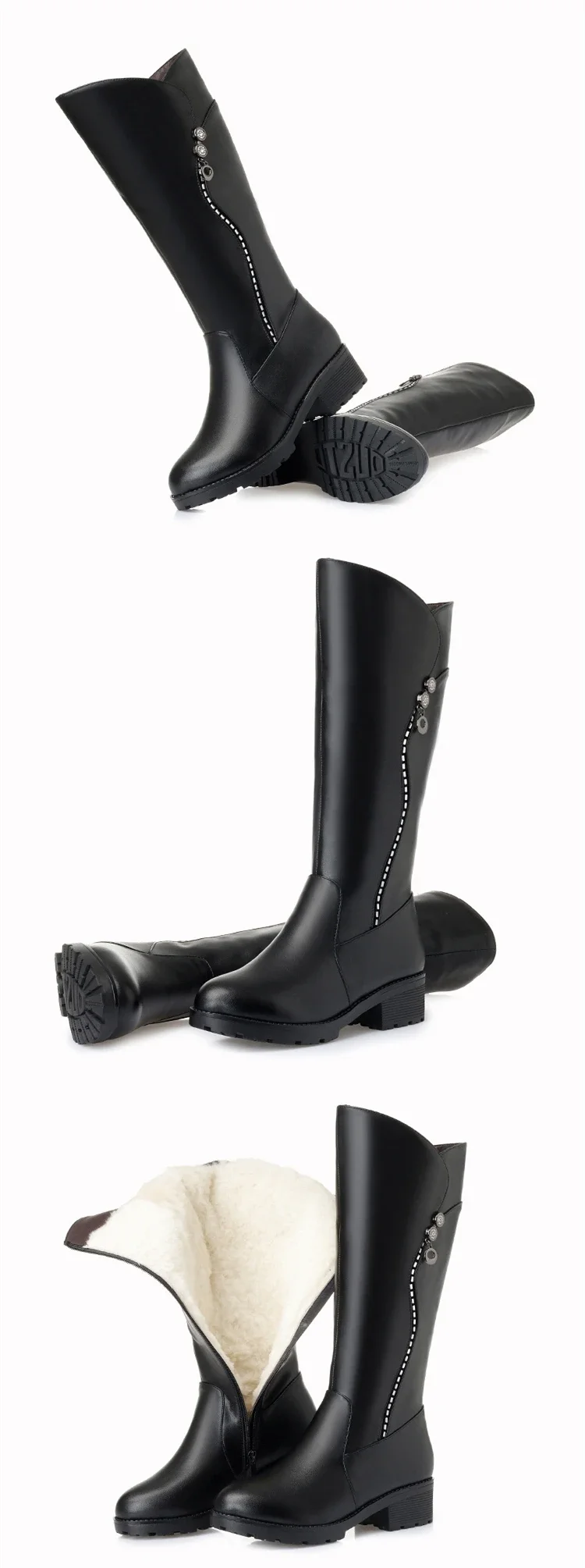 Women's Genuine Leather Female Ladies Boots Platform Snow Wool Plush Fur Warm Winter Mid Heel Zipper Plus Size 42 43