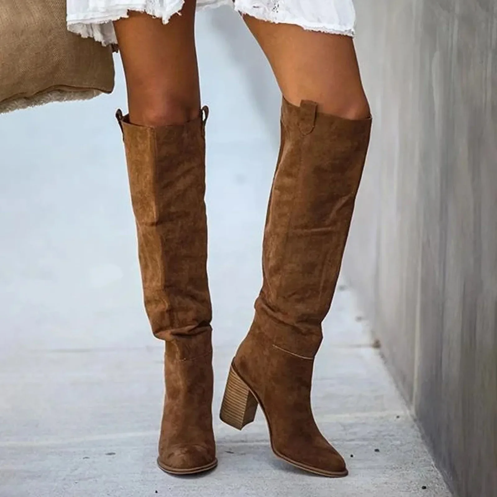 Women Fashion Casual Vintage Retro Long Knee-high Cowboy Boots Square Heel Shoes Boot Woman