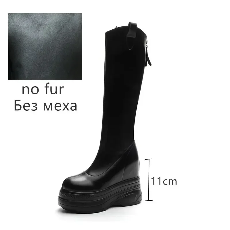 Women's Boots Genuine Leather  New 11cm Heel High Platform Internal Heightened Boots Women's Fashion High Heel Boots Women