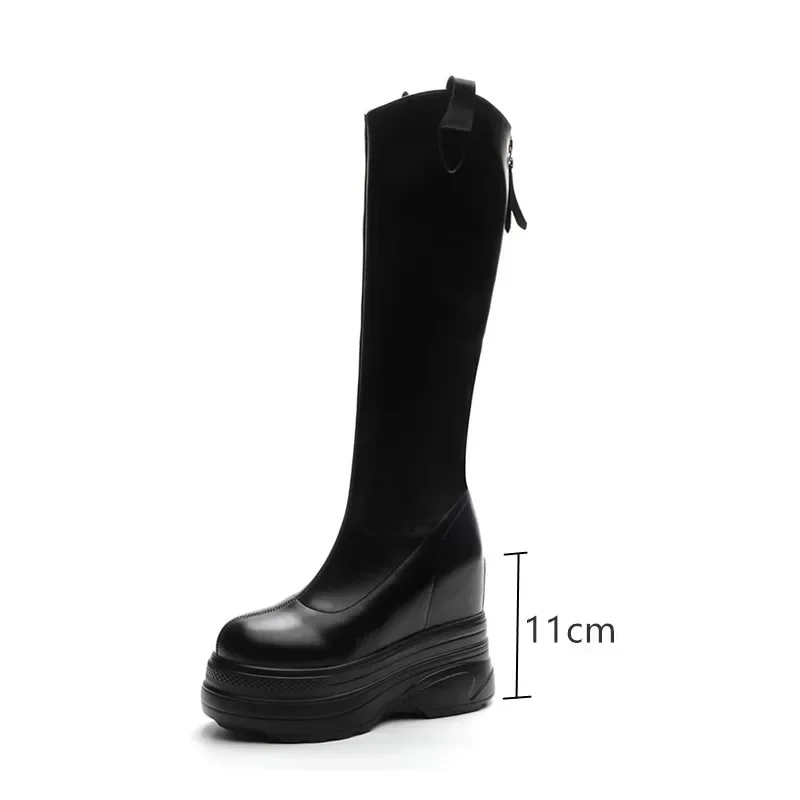 Women's Boots Genuine Leather  New 11cm Heel High Platform Internal Heightened Boots Women's Fashion High Heel Boots Women