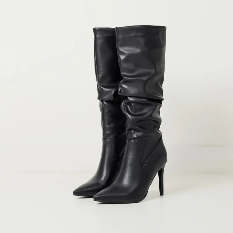 New Black Brown Pleated Lazy Long Boots European American Style 10cm High-heeled Pointed Autumn Winter Women Knee High Boots 43 New Black Brown Pleated Lazy Long Boots European American Style 10cm High-heeled Pointed Autumn Winter Women Knee High Boots 43