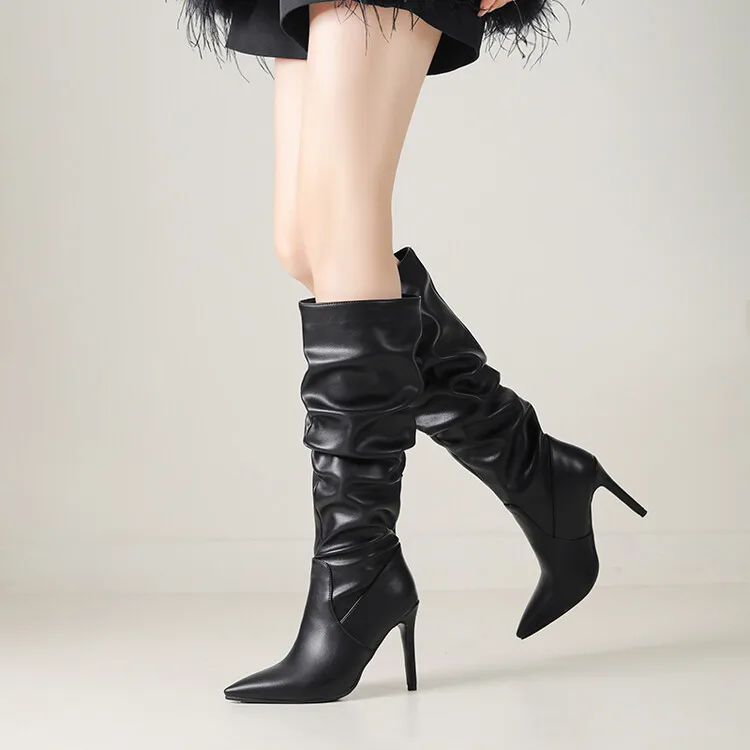 New Black Brown Pleated Lazy Long Boots European American Style 10cm High-heeled Pointed Autumn Winter Women Knee High Boots 43 New Black Brown Pleated Lazy Long Boots European American Style 10cm High-heeled Pointed Autumn Winter Women Knee High Boots 43