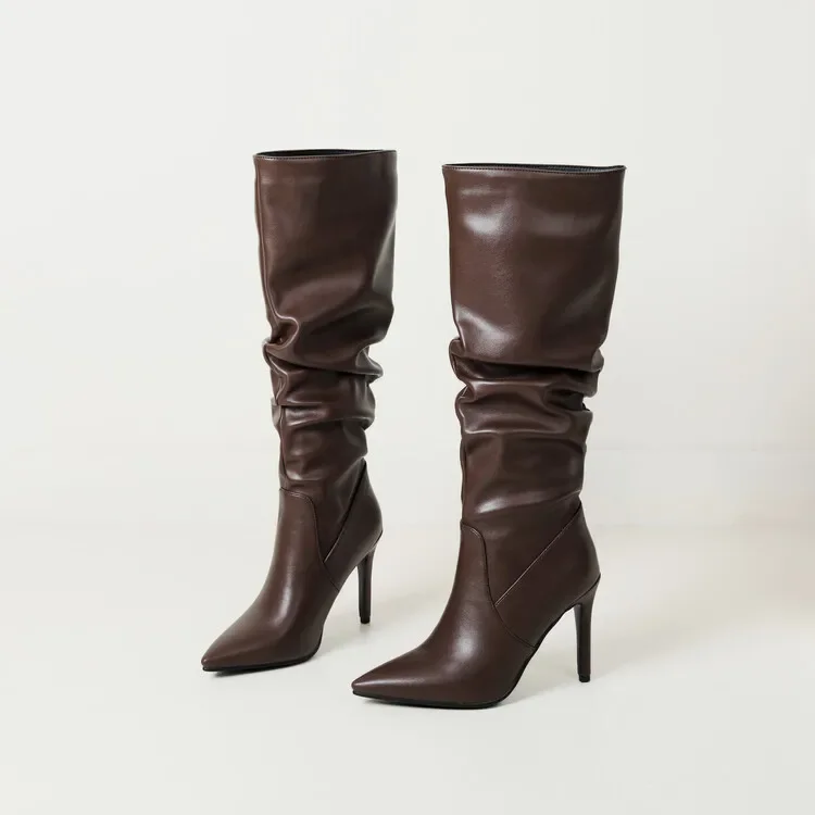 New Black Brown Pleated Lazy Long Boots European American Style 10cm High-heeled Pointed Autumn Winter Women Knee High Boots 43 New Black Brown Pleated Lazy Long Boots European American Style 10cm High-heeled Pointed Autumn Winter Women Knee High Boots 43