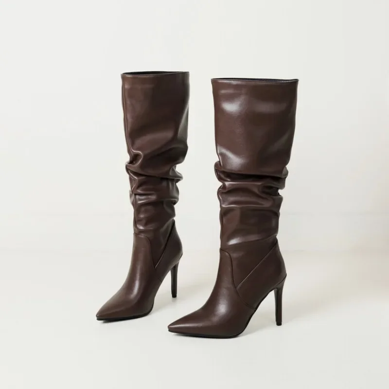 New Black Brown Pleated Lazy Long Boots European American Style 10cm High-heeled Pointed Autumn Winter Women Knee High Boots 43 New Black Brown Pleated Lazy Long Boots European American Style 10cm High-heeled Pointed Autumn Winter Women Knee High Boots 43