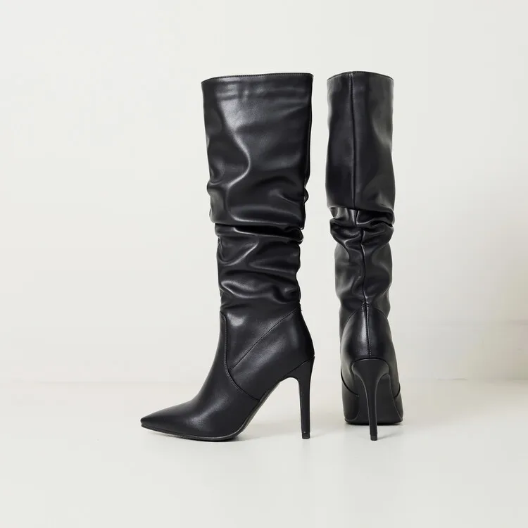 New Black Brown Pleated Lazy Long Boots European American Style 10cm High-heeled Pointed Autumn Winter Women Knee High Boots 43 New Black Brown Pleated Lazy Long Boots European American Style 10cm High-heeled Pointed Autumn Winter Women Knee High Boots 43