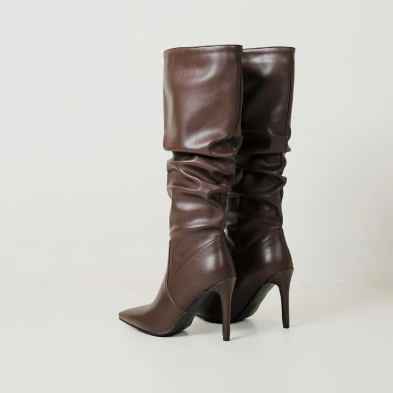 New Black Brown Pleated Lazy Long Boots European American Style 10cm High-heeled Pointed Autumn Winter Women Knee High Boots 43 New Black Brown Pleated Lazy Long Boots European American Style 10cm High-heeled Pointed Autumn Winter Women Knee High Boots 43