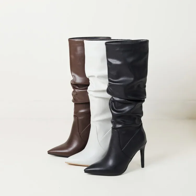 New Black Brown Pleated Lazy Long Boots European American Style 10cm High-heeled Pointed Autumn Winter Women Knee High Boots 43 New Black Brown Pleated Lazy Long Boots European American Style 10cm High-heeled Pointed Autumn Winter Women Knee High Boots 43