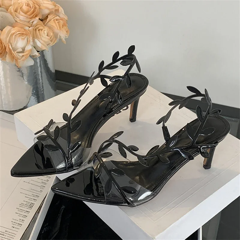 Street Style Fashion PVC Transparent Pointed Toe Women Sandals Street Prom Thin Heels Shoes Summer Zapatos De Mujer