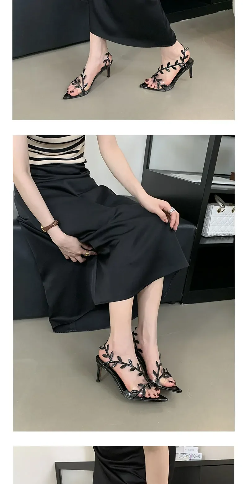 Street Style Fashion PVC Transparent Pointed Toe Women Sandals Street Prom Thin Heels Shoes Summer Zapatos De Mujer