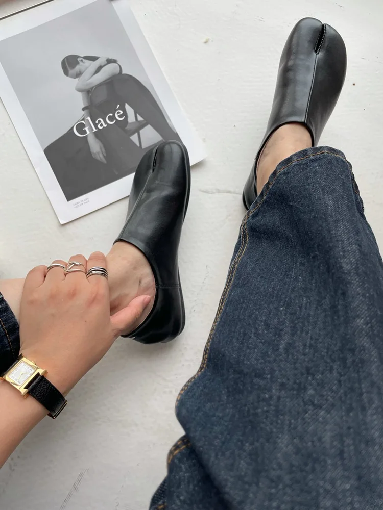 Bailamos Women Flats Tabi Ninja Moccasins Round Split Toe Shallow Lazy Slip On Slingback Mules Leather Shoes Soft Loafers Slip