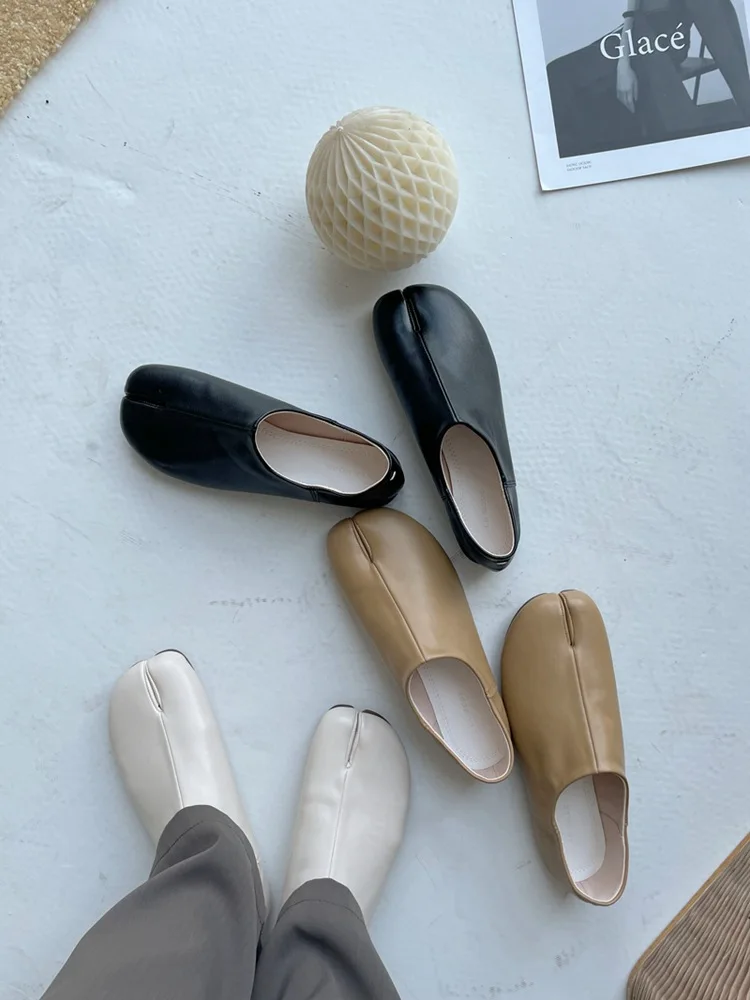 Bailamos Women Flats Tabi Ninja Moccasins Round Split Toe Shallow Lazy Slip On Slingback Mules Leather Shoes Soft Loafers Slip