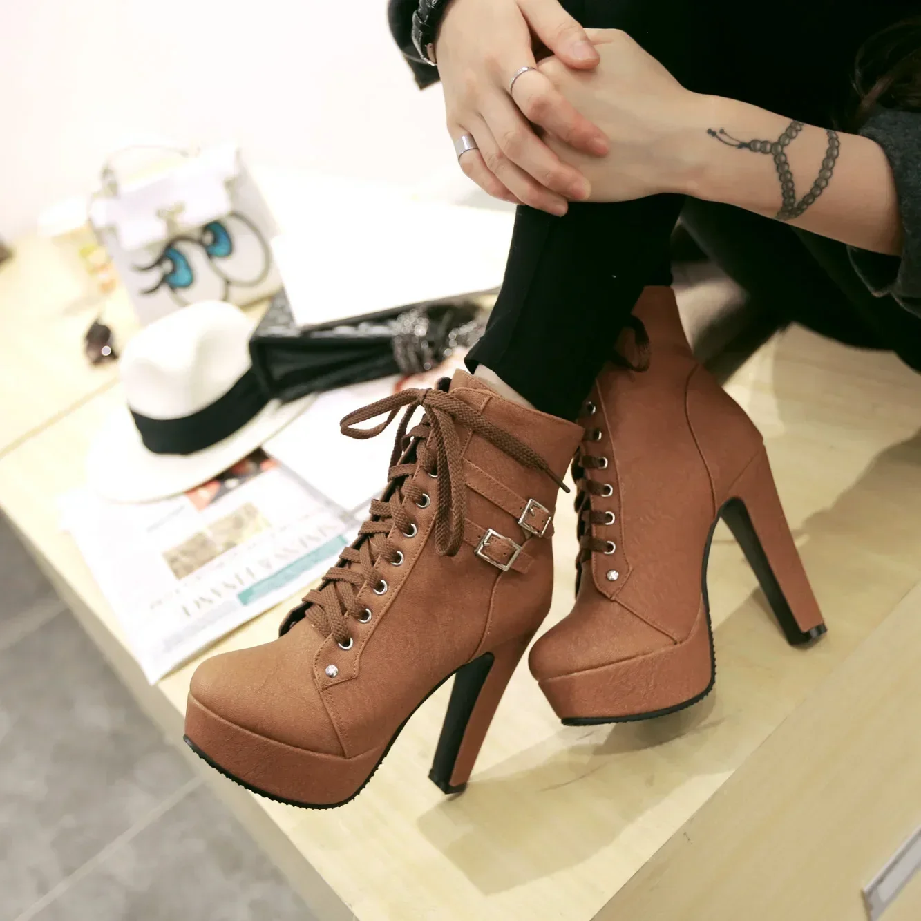 Autumn Women Shoes High Heel Platform Boots for Women Fashion Lace Up Heeled Women's Ankle Boots Dress Party Ladies Short Botas