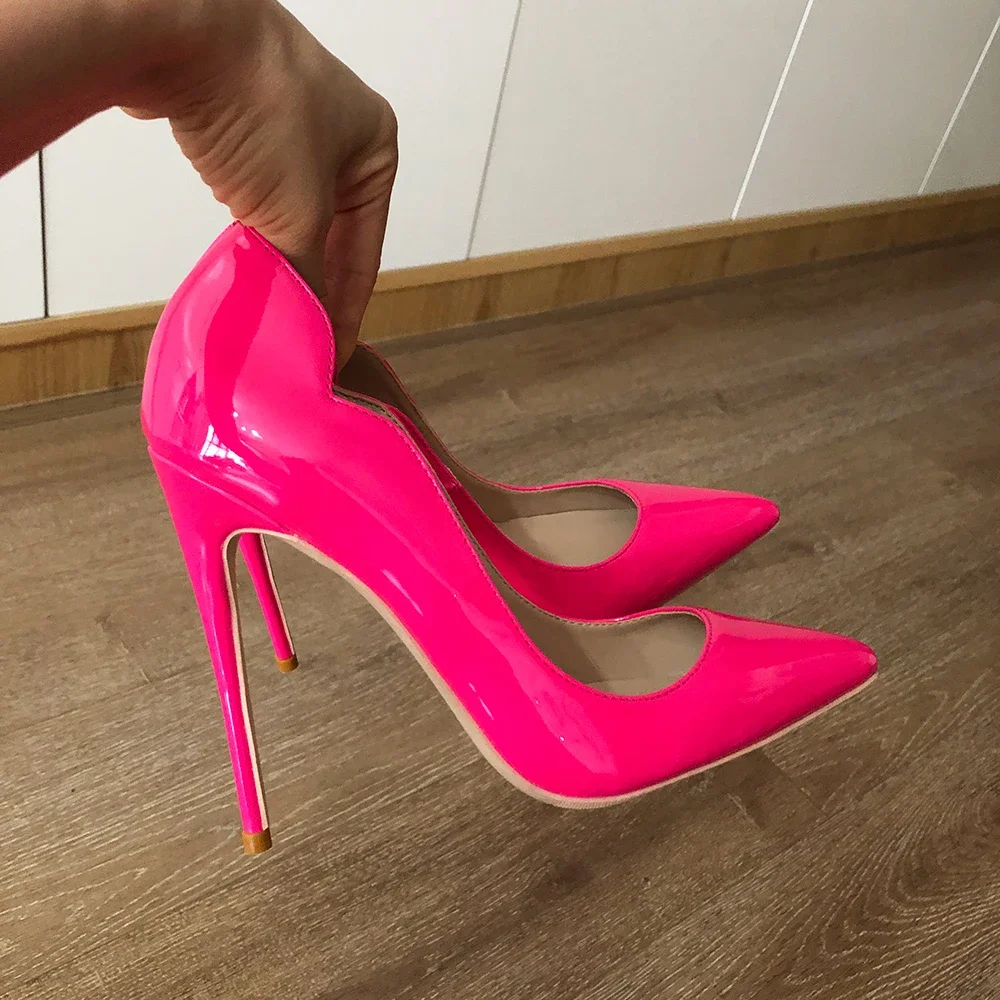 Pink Curl Upper Women Patent Pointed Toe Stiletto High Heels Sexy Ladies Party Dress Shoes Club Dance Pumps Plus Size