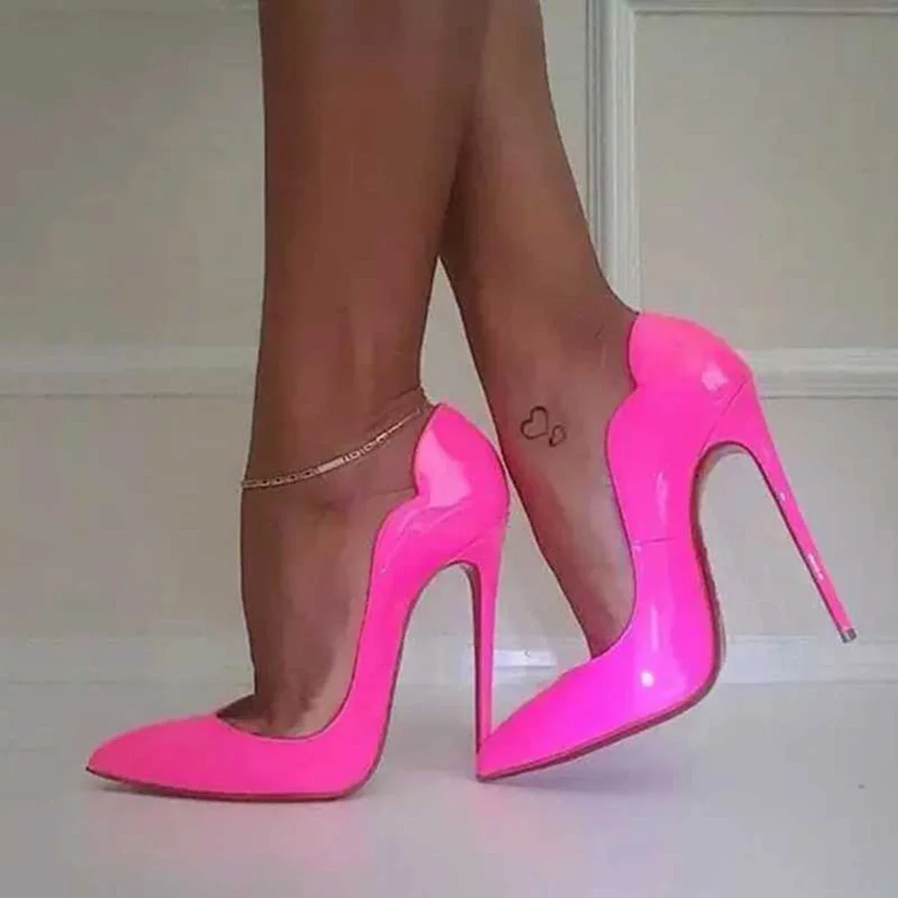 Pink Curl Upper Women Patent Pointed Toe Stiletto High Heels Sexy Ladies Party Dress Shoes Club Dance Pumps Plus Size