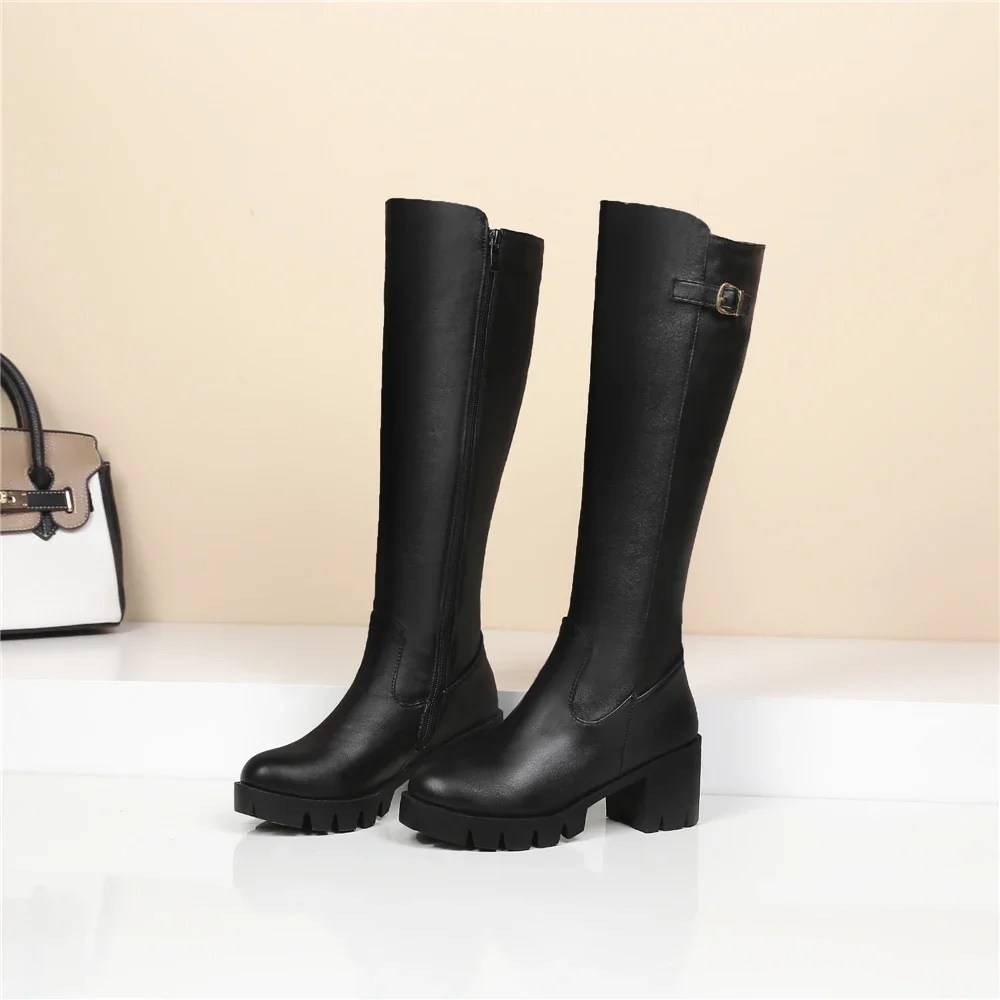 Casual Women Platform Snow Boots Buckle Women Knee High Boots Warm Fur Winter Riding Boot Female Black Brown Shoes Large Size 45