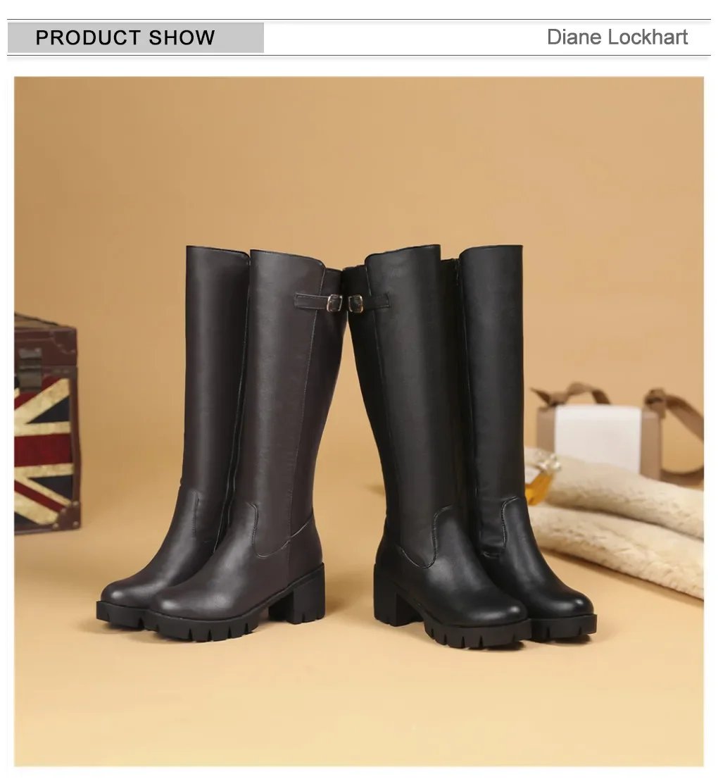 Casual Women Platform Snow Boots Buckle Women Knee High Boots Warm Fur Winter Riding Boot Female Black Brown Shoes Large Size 45