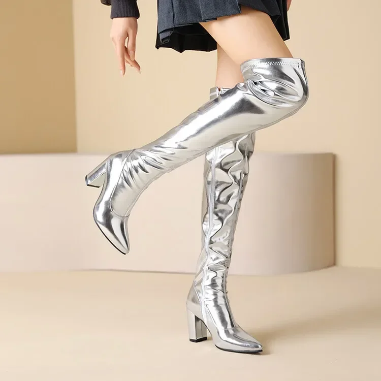 Autumn Winter Fashion High Heels Women's Boots Golden Silvery Solid Zipper Sexy Over-the-Knee Square Heel Modern Boots High 9cm Autumn Winter Fashion High Heels Women's Boots Golden Silvery Solid Zipper Sexy Over-the-Knee Square Heel Modern Boots High 9cm
