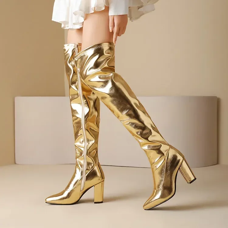 Autumn Winter Fashion High Heels Women’s Boots Golden Silvery Solid Zipper Sexy Over-the-Knee Square Heel Modern Boots High 9cm Autumn Winter Fashion High Heels Women's Boots Golden Silvery Solid Zipper Sexy Over-the-Knee Square Heel Modern Boots High 9cm