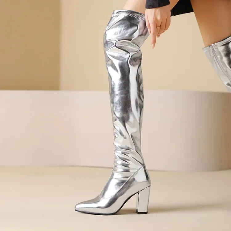 Autumn Winter Fashion High Heels Women's Boots Golden Silvery Solid Zipper Sexy Over-the-Knee Square Heel Modern Boots High 9cm Autumn Winter Fashion High Heels Women's Boots Golden Silvery Solid Zipper Sexy Over-the-Knee Square Heel Modern Boots High 9cm