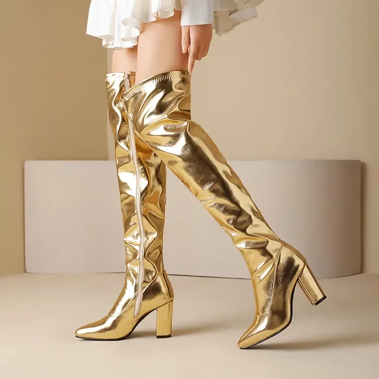 Autumn Winter Fashion High Heels Women's Boots Golden Silvery Solid Zipper Sexy Over-the-Knee Square Heel Modern Boots High 9cm Autumn Winter Fashion High Heels Women's Boots Golden Silvery Solid Zipper Sexy Over-the-Knee Square Heel Modern Boots High 9cm