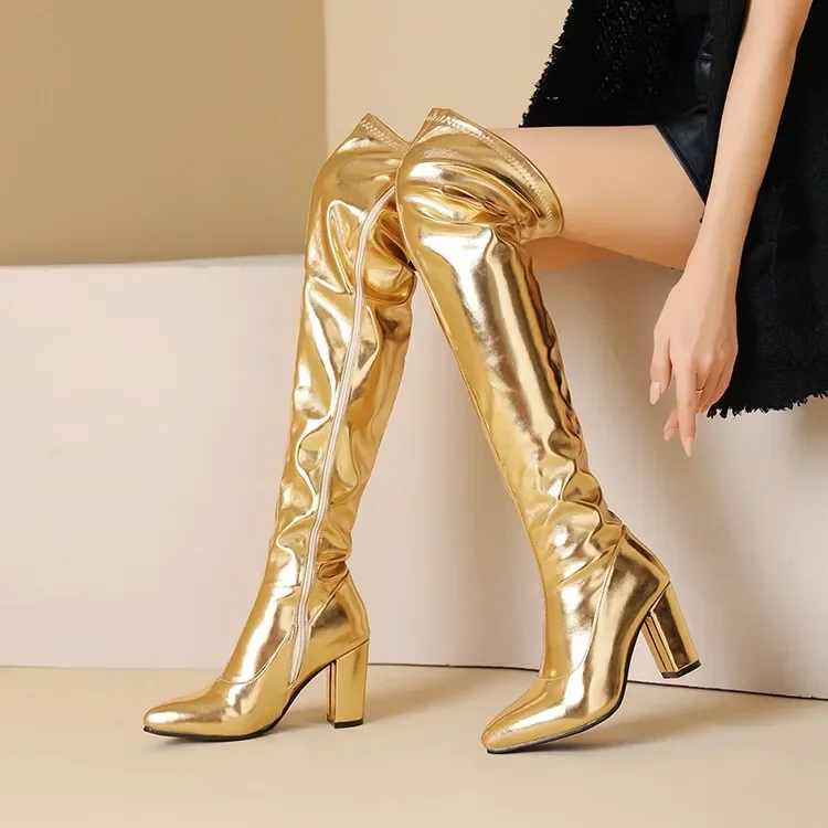 Autumn Winter Fashion High Heels Women's Boots Golden Silvery Solid Zipper Sexy Over-the-Knee Square Heel Modern Boots High 9cm Autumn Winter Fashion High Heels Women's Boots Golden Silvery Solid Zipper Sexy Over-the-Knee Square Heel Modern Boots High 9cm