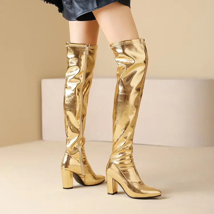 Autumn Winter Fashion High Heels Women's Boots Golden Silvery Solid Zipper Sexy Over-the-Knee Square Heel Modern Boots High 9cm Autumn Winter Fashion High Heels Women's Boots Golden Silvery Solid Zipper Sexy Over-the-Knee Square Heel Modern Boots High 9cm