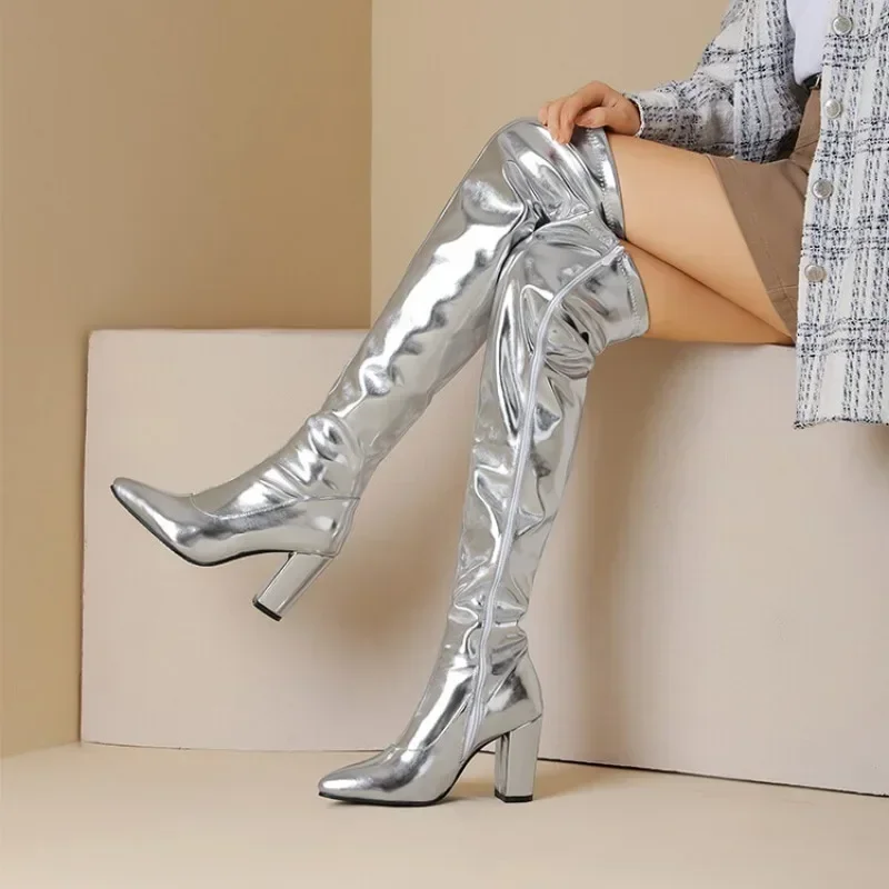Autumn Winter Fashion High Heels Women’s Boots Golden Silvery Solid Zipper Sexy Over-the-Knee Square Heel Modern Boots High 9cm Autumn Winter Fashion High Heels Women's Boots Golden Silvery Solid Zipper Sexy Over-the-Knee Square Heel Modern Boots High 9cm