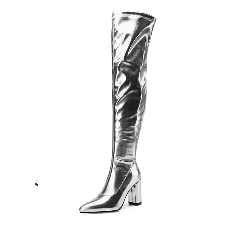 Autumn Winter Fashion High Heels Women's Boots Golden Silvery Solid Zipper Sexy Over-the-Knee Square Heel Modern Boots High 9cm Autumn Winter Fashion High Heels Women's Boots Golden Silvery Solid Zipper Sexy Over-the-Knee Square Heel Modern Boots High 9cm