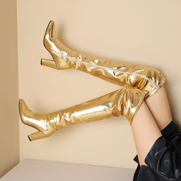 Autumn Winter Fashion High Heels Women's Boots Golden Silvery Solid Zipper Sexy Over-the-Knee Square Heel Modern Boots High 9cm Autumn Winter Fashion High Heels Women's Boots Golden Silvery Solid Zipper Sexy Over-the-Knee Square Heel Modern Boots High 9cm