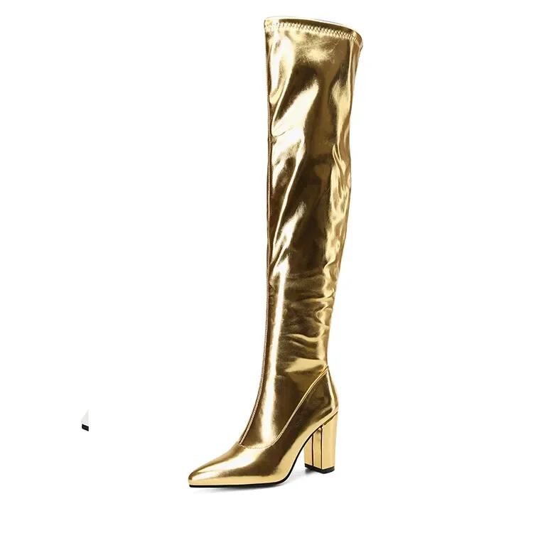 Autumn Winter Fashion High Heels Women's Boots Golden Silvery Solid Zipper Sexy Over-the-Knee Square Heel Modern Boots High 9cm Autumn Winter Fashion High Heels Women's Boots Golden Silvery Solid Zipper Sexy Over-the-Knee Square Heel Modern Boots High 9cm