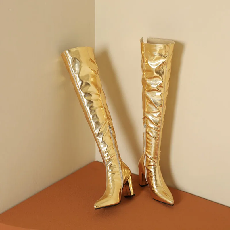 Sexy Over the Knee High Boots Women Party Dance Winter Shoes Ladies Silver Gold Thick High Heel Custom