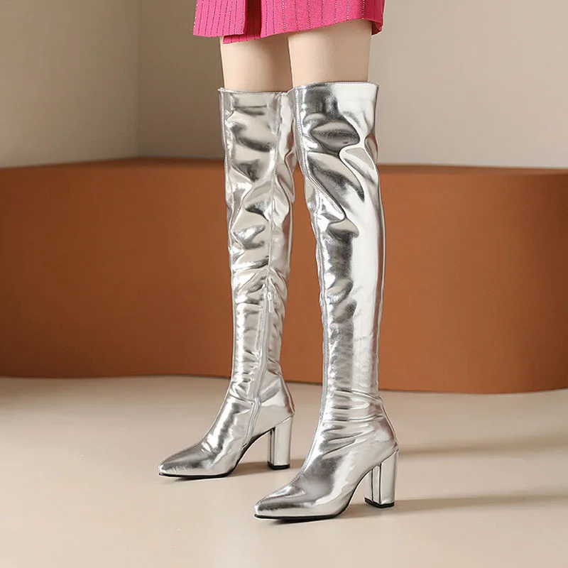 Sexy Over the Knee High Boots Women Party Dance Winter Shoes Ladies Silver Gold Thick High Heel Custom Sexy Over the Knee High Boots Women Party Dance Winter Shoes Ladies Silver Gold Thick High Heel Custom