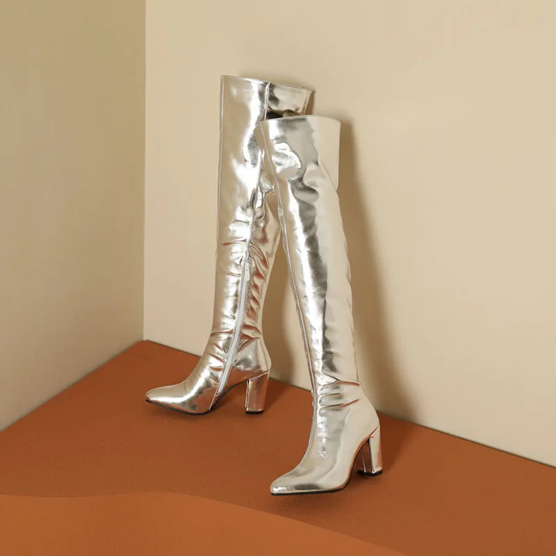 Sexy Over the Knee High Boots Women Party Dance Winter Shoes Ladies Silver Gold Thick High Heel Custom Sexy Over the Knee High Boots Women Party Dance Winter Shoes Ladies Silver Gold Thick High Heel Custom