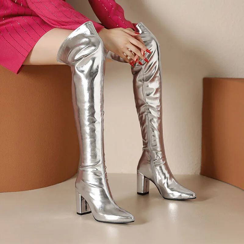Sexy Over the Knee High Boots Women Party Dance Winter Shoes Ladies Silver Gold Thick High Heel Custom