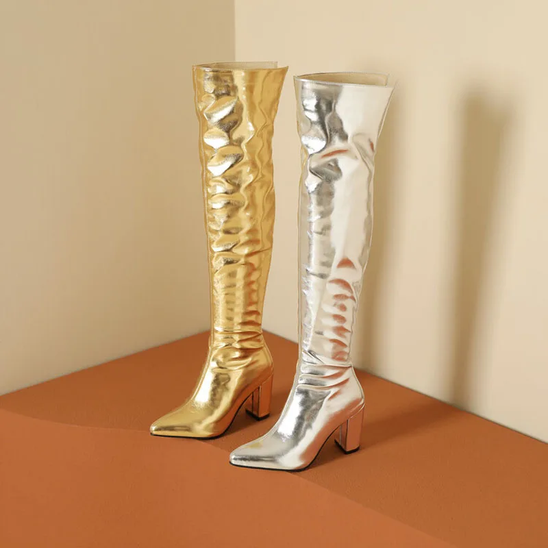 Sexy Over the Knee High Boots Women Party Dance Winter Shoes Ladies Silver Gold Thick High Heel Custom Sexy Over the Knee High Boots Women Party Dance Winter Shoes Ladies Silver Gold Thick High Heel Custom