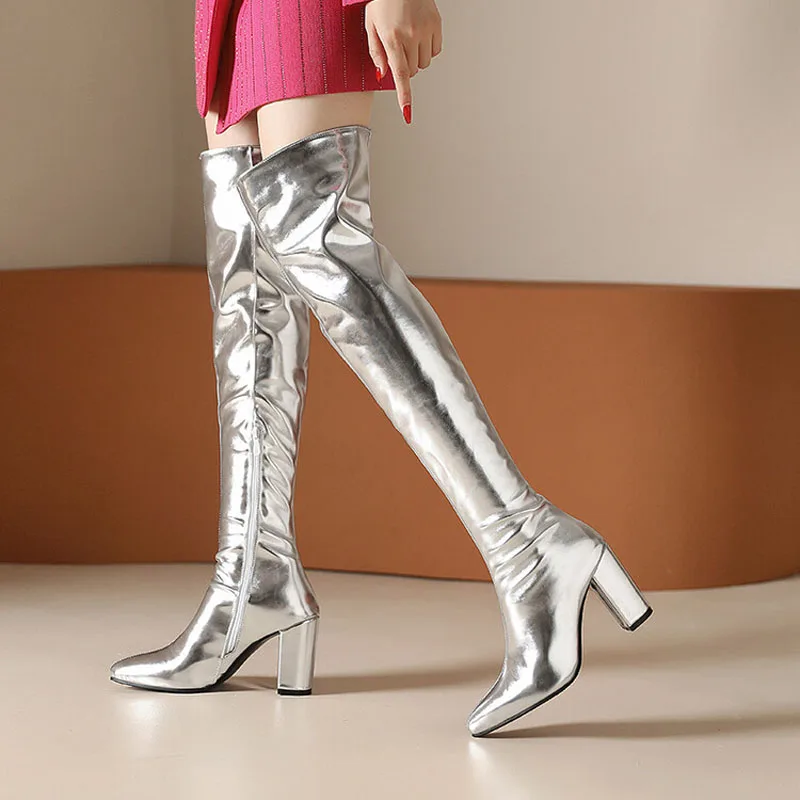 Sexy Over the Knee High Boots Women Party Dance Winter Shoes Ladies Silver Gold Thick High Heel Custom