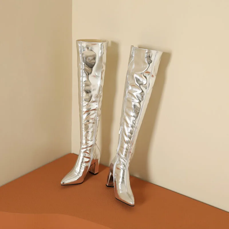 Sexy Over the Knee High Boots Women Party Dance Winter Shoes Ladies Silver Gold Thick High Heel Custom Sexy Over the Knee High Boots Women Party Dance Winter Shoes Ladies Silver Gold Thick High Heel Custom