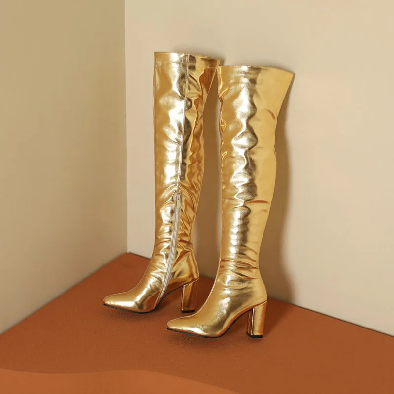 Sexy Over the Knee High Boots Women Party Dance Winter Shoes Ladies Silver Gold Thick High Heel Custom Sexy Over the Knee High Boots Women Party Dance Winter Shoes Ladies Silver Gold Thick High Heel Custom