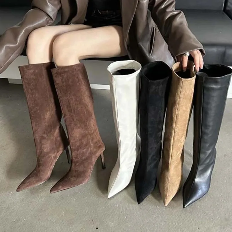 Sharp Pointed Women's Knee High Boots Designer Party Outfit Street Boots Thin High Heels