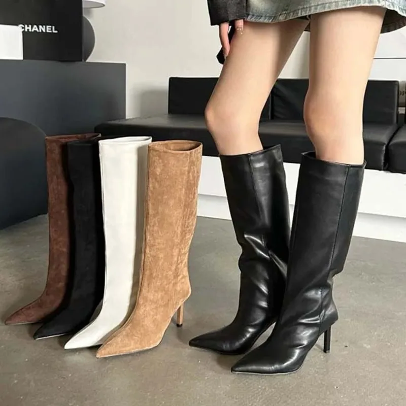 Sharp Pointed Women's Knee High Boots Designer Party Outfit Street Boots Thin High Heels