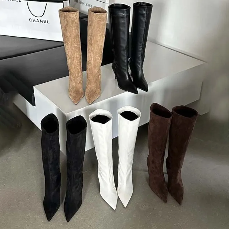 Sharp Pointed Women's Knee High Boots Designer Party Outfit Street Boots Thin High Heels