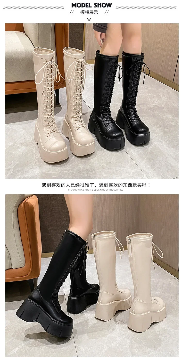 Platform Knee High Boots Women Autumn Winter Thick Platfrom Long Boots Woman Fashion Zipper Lace-Up Solid Thigh