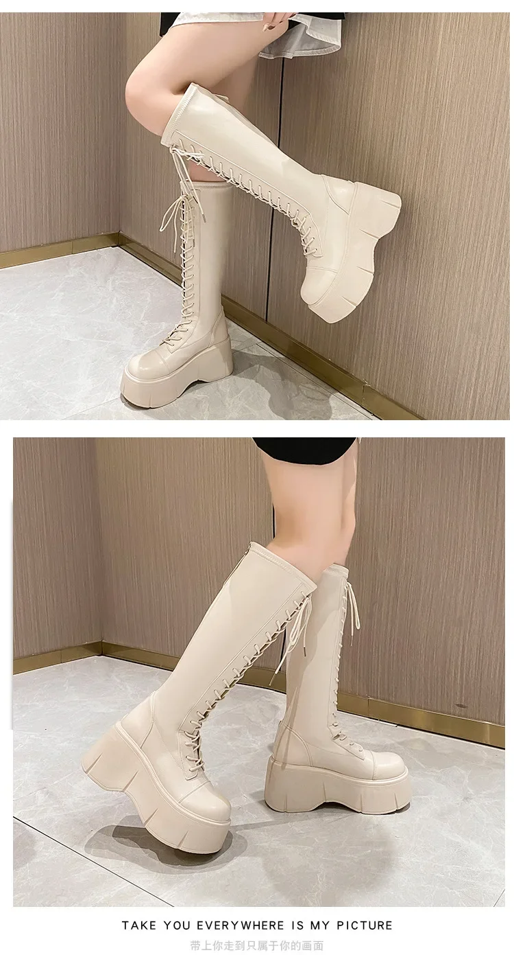 Platform Knee High Boots Women Autumn Winter Thick Platfrom Long Boots Woman Fashion Zipper Lace-Up Solid Thigh